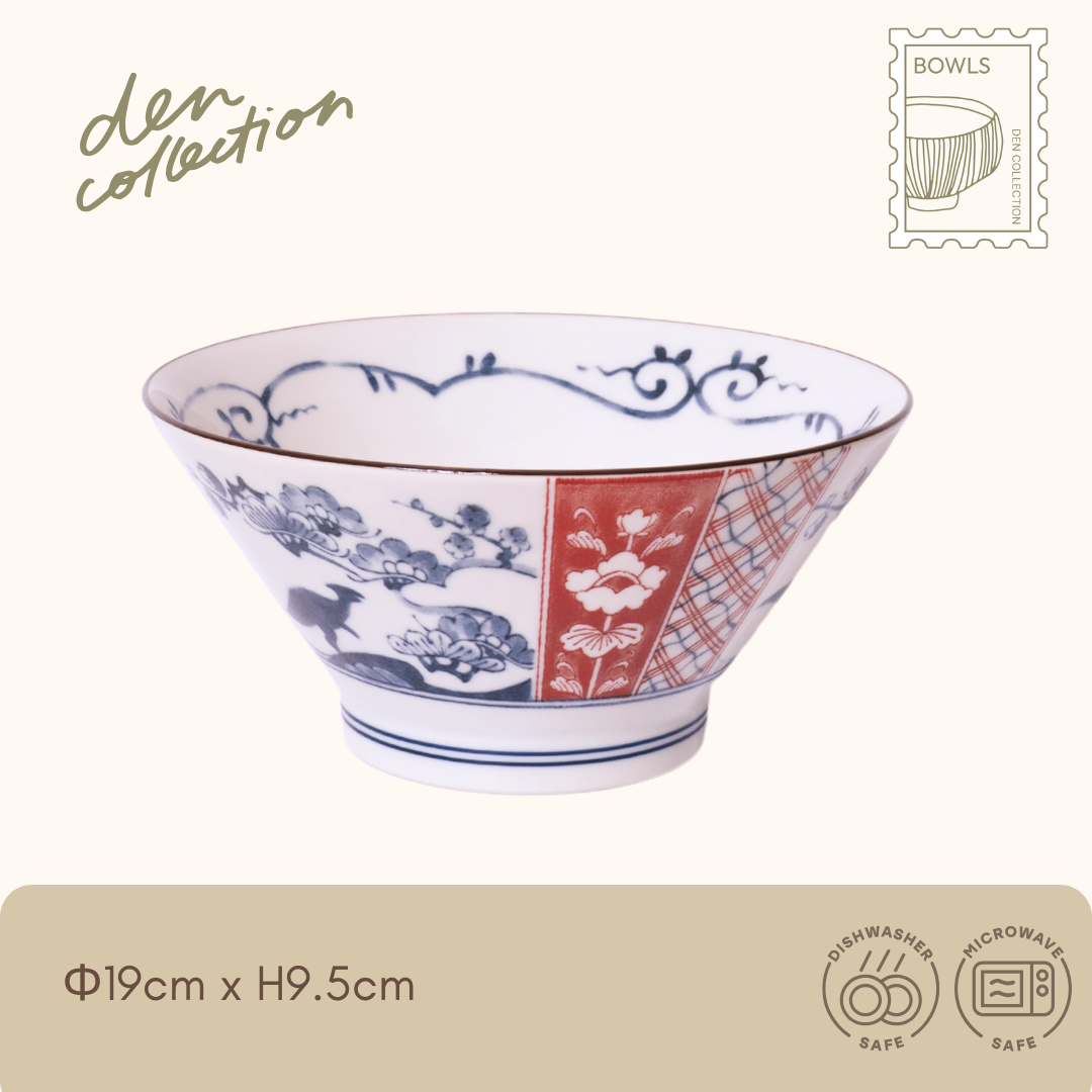 Edo Dino Donburi bowl featuring traditional Japanese motifs and hidden dinosaur illustrations. The exterior design showcases plum blossoms, stripes, and auspicious patterns in vivid red and indigo. / 江戸っ子恐竜 良縁竜 反丼。古典的な和柄と恐竜の絵を組み合わせたユニークなデザイン。赤と藍色の華やかな絵付けが魅力の丼ぶり。